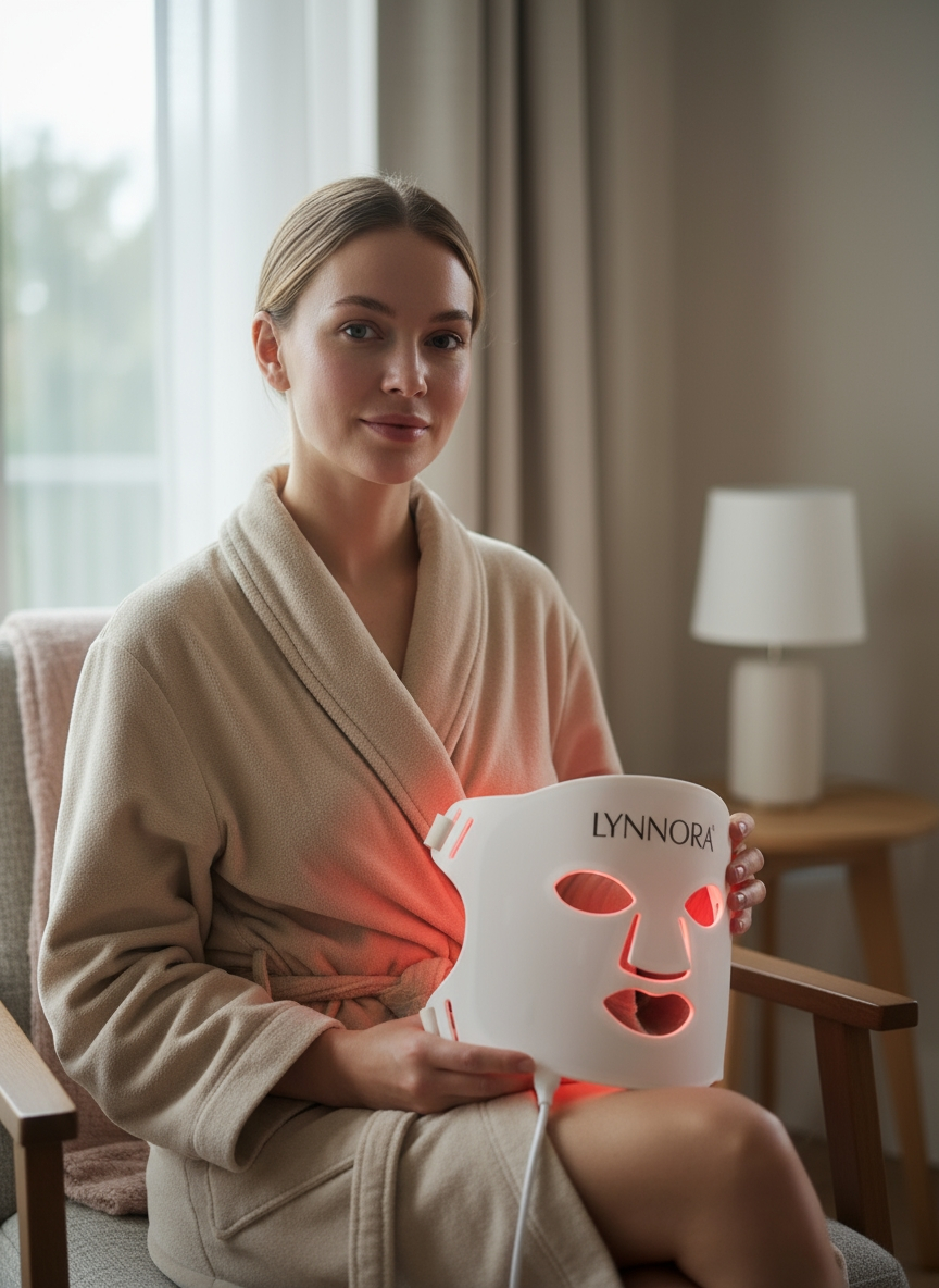 Vrouw met stralende huid ontspant in zacht rood licht tijdens red light therapy, in een serene en vrouwelijke setting met natuurlijke tinten, symbool voor hormonale balans en innerlijke rust.