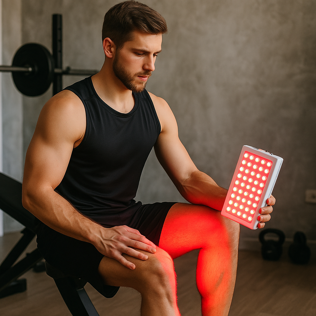 Fit man gebruikt red light therapie van Lynnora op bovenbeen voor spierherstel na training