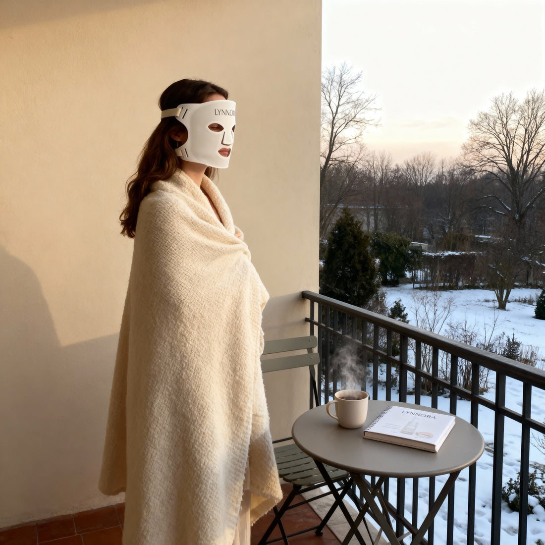 Vrouw in een warme winterse kamer die ontspant met een roodlichttherapie gezichtsmasker in zachte nude tinten.