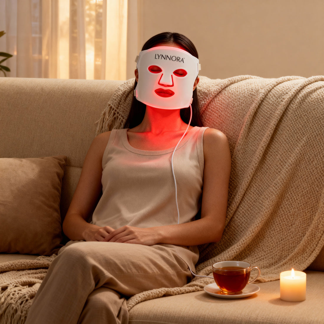 Vrouw ontspant thuis met red light therapy masker, omringd door zachte beige tinten en warm licht, symbool voor luxe huidverzorging en rustmoment