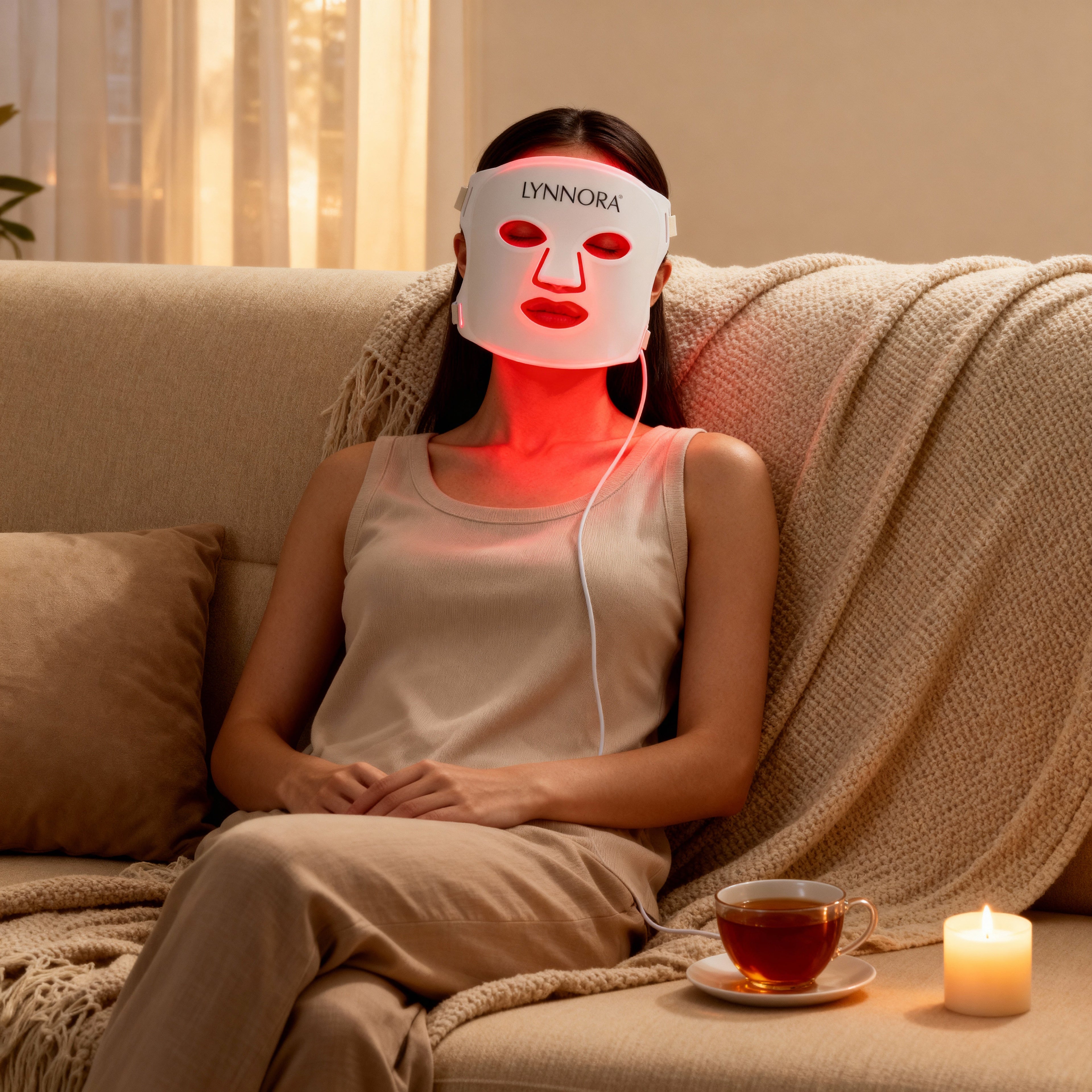Vrouw ontspant thuis met red light therapy masker, omringd door zachte beige tinten en warm licht, symbool voor luxe huidverzorging en rustmoment