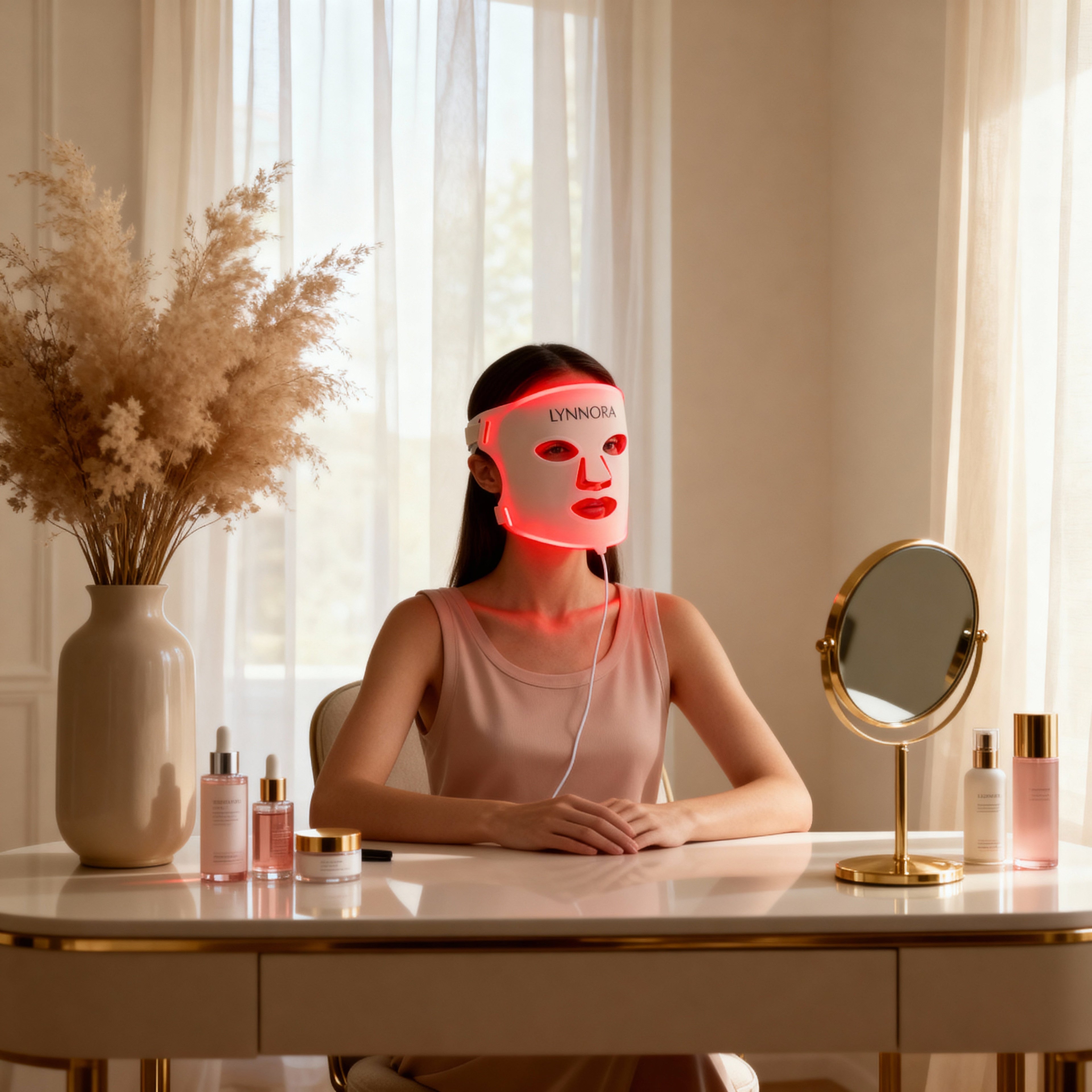 Vrouw met red light therapy masker in een rustgevende beige kamer, glimlachend en ontspannen, symbool voor luxe zelfzorg en huidverbetering.