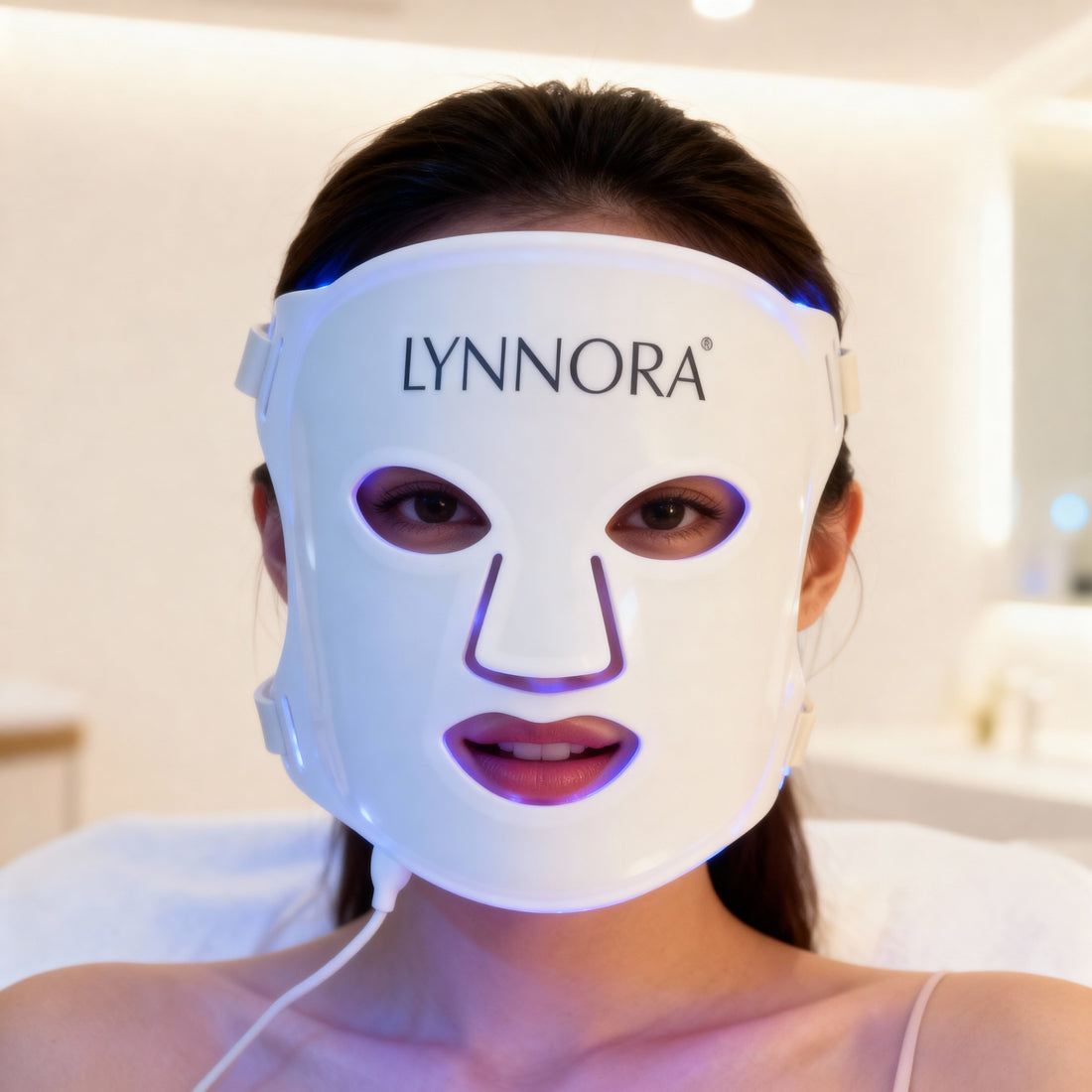 Persoon die thuis ontspant met een roodlichttherapie masker in een rustige neutrale woonkamer.