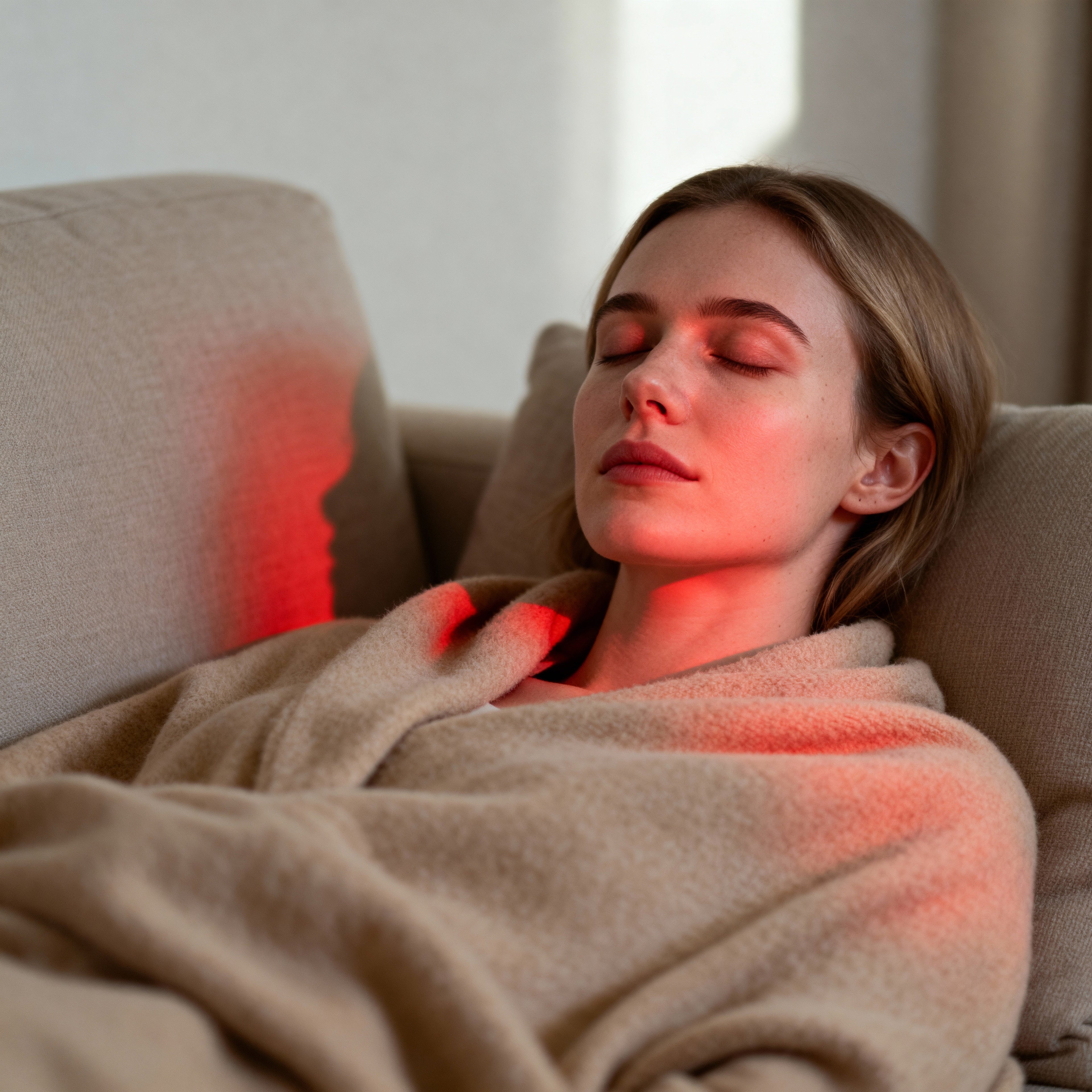 Vrouw ligt ontspannen op de bank met gesloten ogen, omringd door zacht rood licht, als onderdeel van haar rustgevende red light therapie ritueel.